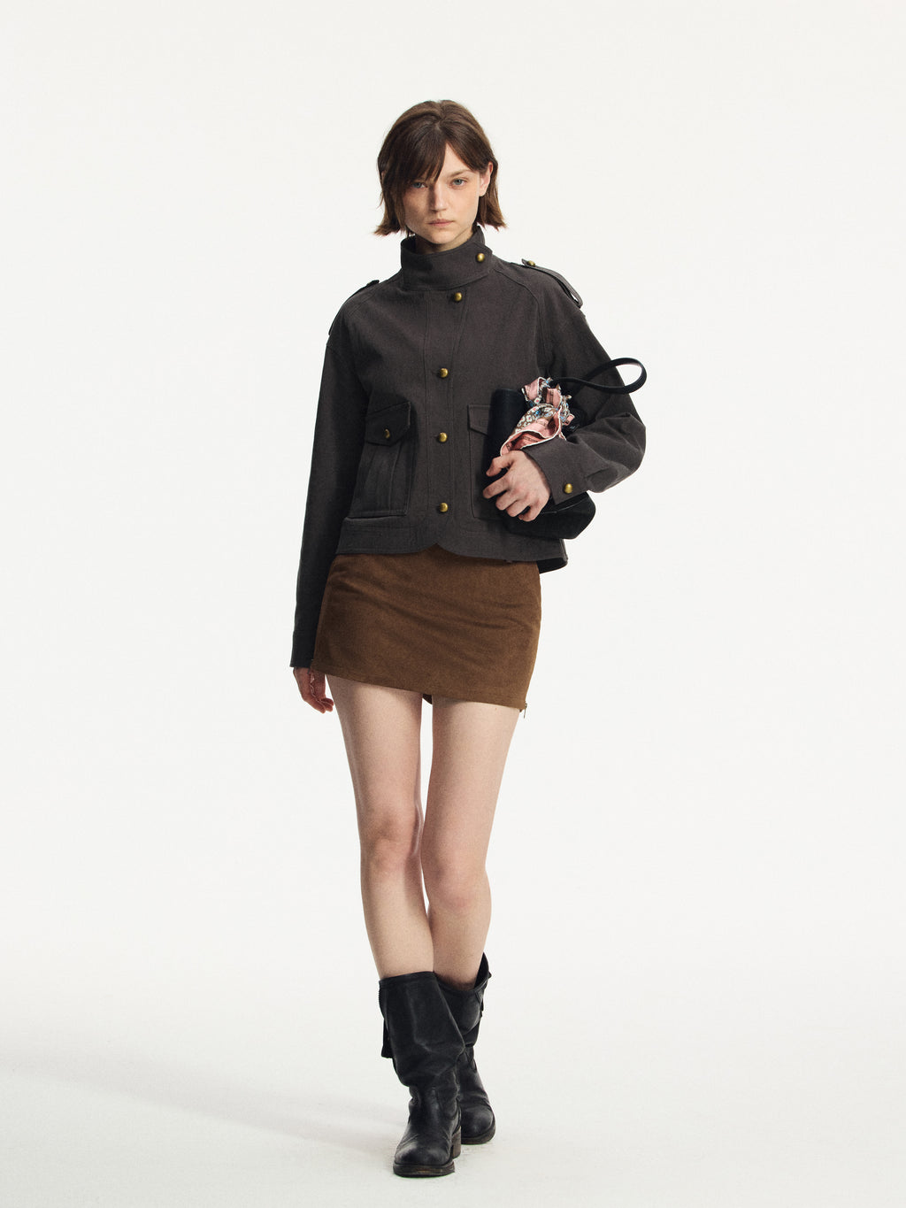 Vintage Brass-Button Cropped Military Jacket