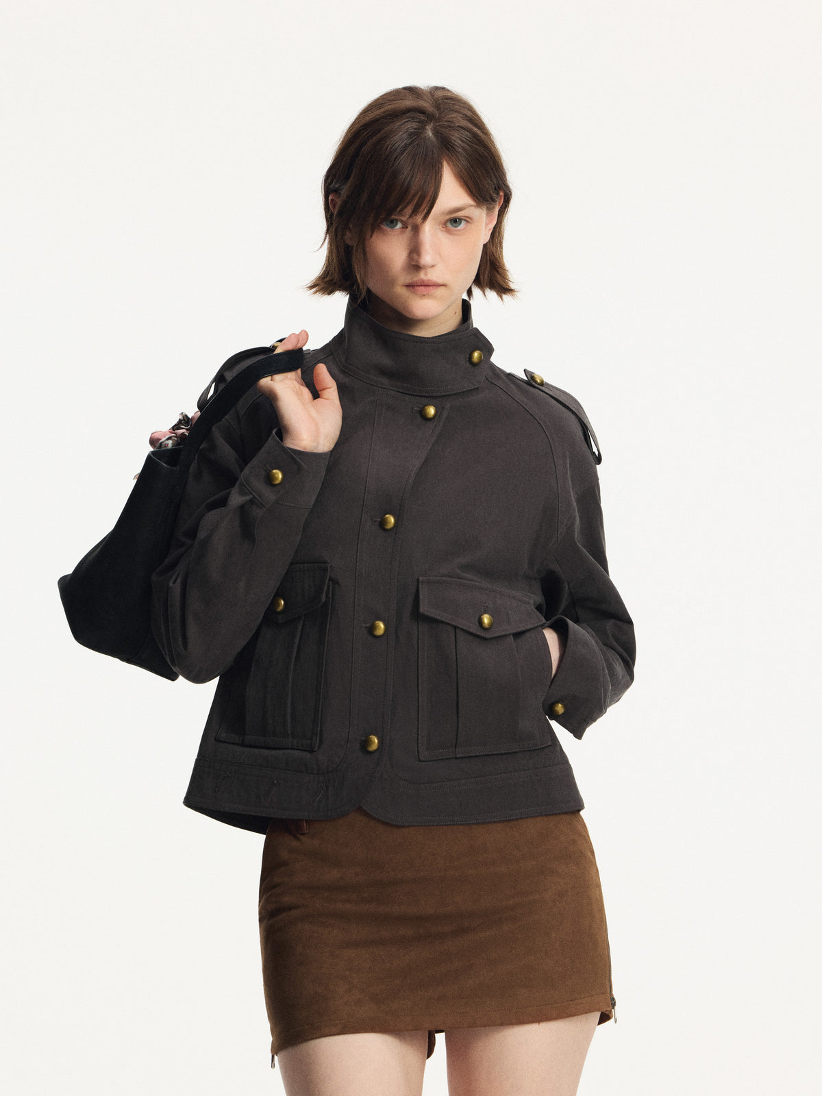 Vintage Brass-Button Cropped Military Jacket