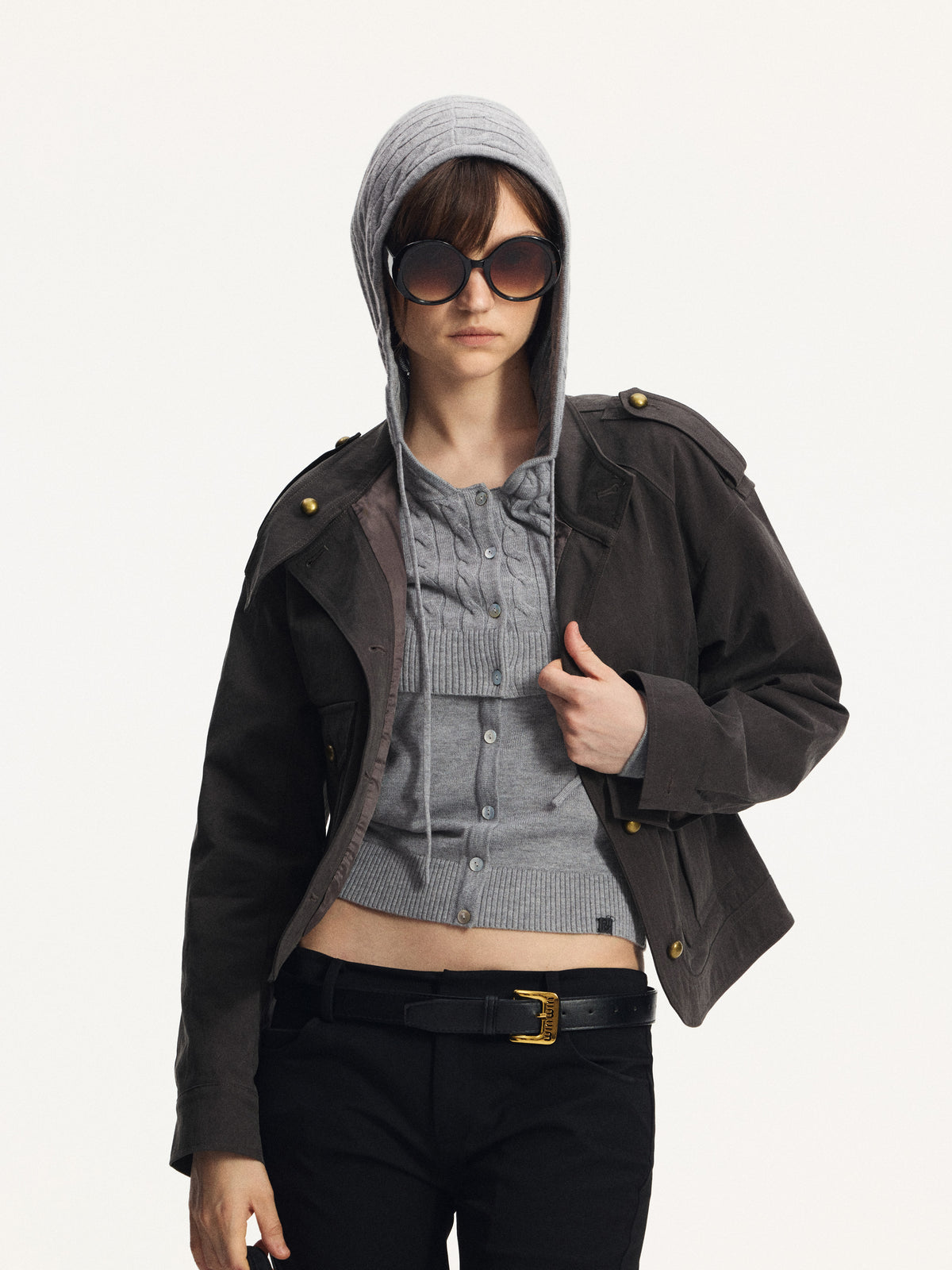 Vintage Brass-Button Cropped Military Jacket